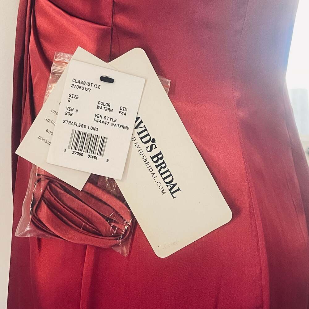 David's Bridal F44447 Watermelon Strapless Long Satin Evening Gown - Picture 6 of 7